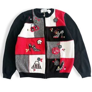 Secondhand Alfred Dunner Petite Shoe & Bag Patchwork Cardigan ✅
